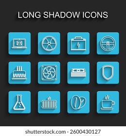 Set line Test tube and flask, Heating radiator, Laptop with envelope, Coffee beans, cup, Computer cooler, Shield and Stacks paper money cash icon. Vector