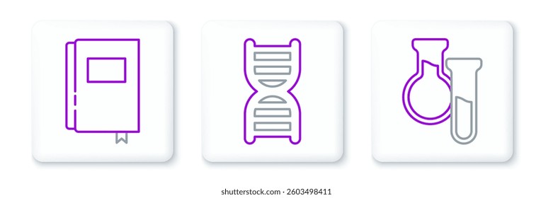 Set line Test tube and flask, Book and DNA symbol icon. Vector