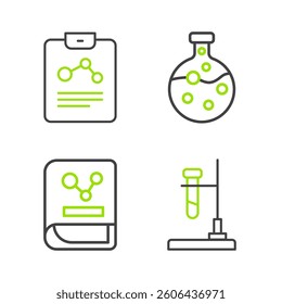 Set line Test tube flask on fire, Chemistry book, and and report icon. Vector
