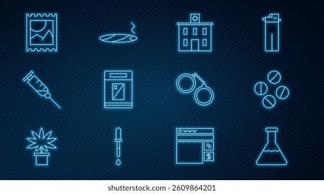 Set line Test tube and flask, Medicine pill or tablet, Medical hospital building, Cigarettes pack box, Syringe, LSD acid mark, Handcuffs and with smoke icon. Vector
