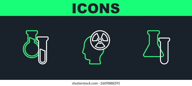 Set line Test tube and flask,  and Head radiation symbol icon. Vector