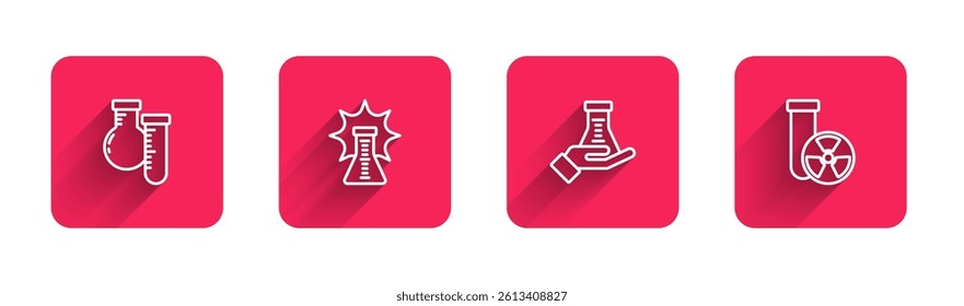 Set line Test tube and flask, Chemical explosion,  and radiation with long shadow. Red square button. Vector