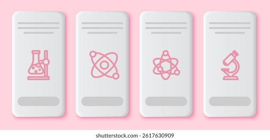 Set line Test tube flask on stand, Atom,  and Microscope. White rectangle button. Vector
