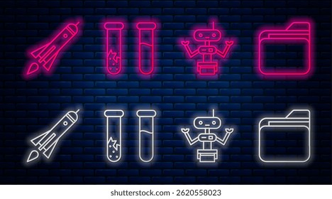 Set line Test tube and flask, Robot, Rocket ship with fire and Document folder. Glowing neon icon on brick wall. Vector