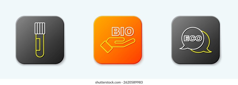 Set line Test tube and flask, Bio healthy food and Label for eco icon. Vector