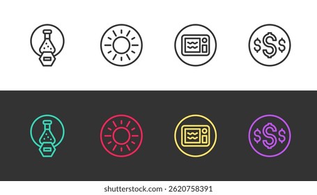 Set line Test tube and flask, Sun, Microwave oven and Dollar symbol on black and white. Vector
