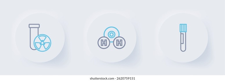 Set line Test tube and flask, Chemical formula for H2O and radiation icon. Vector