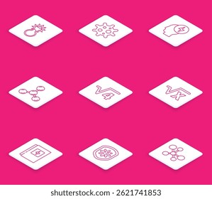 Tubo de ensayo y matraz, virus, símbolo eléctrico de la cabeza, molécula, raíz cuadrada de 4 glifos, x, panel eléctrico y escudo que protege del icono del virus. Vector