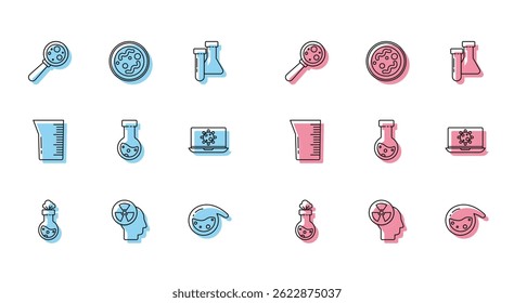Set line Test tube and flask chemical, Human head radiation, Microorganisms under magnifier, Bacteria laptop, Laboratory glassware beaker and  icon. Vector
