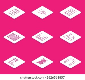 Set line Test tube and flask chemical laboratory, Satellite, Book, Open science book, Pie chart infographic, Glass test on fire heater and DNA symbol icon. Vector