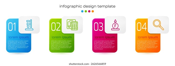Set line Test tube flask on stand, Calculator, Force of physic formula and Magnifying glass. Business infographic template. Vector
