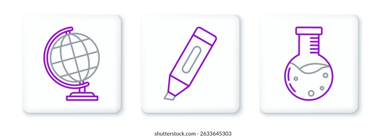 Set line Test tube and flask chemical laboratory, Earth globe and Marker pen icon. Vector