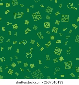 Set line Test tube flask on fire, Genetically modified apple and Periodic table on seamless pattern. Vector