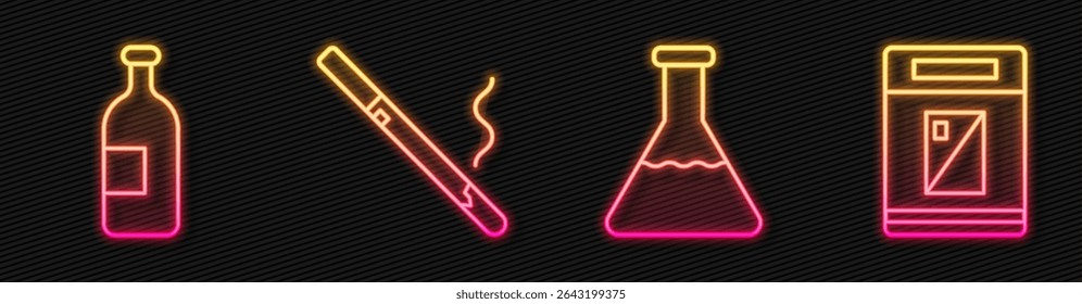 Set line Tubo de teste e frasco, Frasco de bebida alcoólica, Cigarro e Cigarros embalar caixa. Ícone de néon brilhante. Vetor