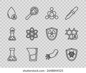 Linha Ajuste Tubo de ensaio e frasco químico, Símbolo de risco biológico no escudo, Bactérias, Laboratório vidro ou copo, Água gota, Átomo, e ícone de fórmula química. Vetor