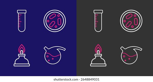Set line Test tube and flask, Alcohol or spirit burner, Petri dish with bacteria and  icon. Vector