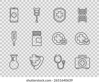 Set line Tubo de teste e frasco, kit de primeiros socorros, Escudo médico com cruz, Chamada de emergência para o hospital, celular, Garrafa de medicamentos, Estetoscópio e ícone médico Cruz. Vetor