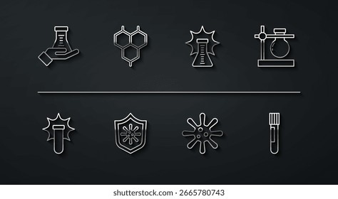 Tubo de prueba y frasco, explosión química, soporte, bacterias, escudo que protege del virus, fórmula e icono. Vector