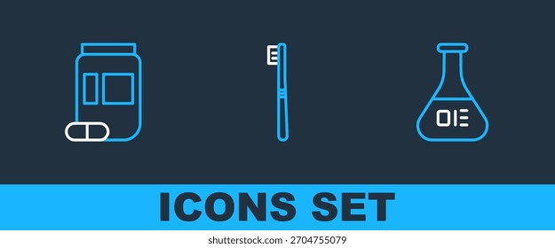 Set line Test tube and flask, Medicine bottle pills and Toothbrush icon. Vector