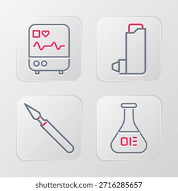 Tubo de prueba y frasco, bisturí de cirugía médica, inhalador y monitor con icono de cardiograma. Vector