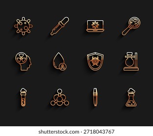 Linha Ajuste Tubo de ensaio e frasco químico, Bactérias, Pinças, gota de água, em pé e ícone de escudo símbolo de risco biológico. Vetor