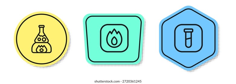 Fije el frasco del tubo de ensayo en el fuego, la llama y el fuego. Formas de colores. Vector