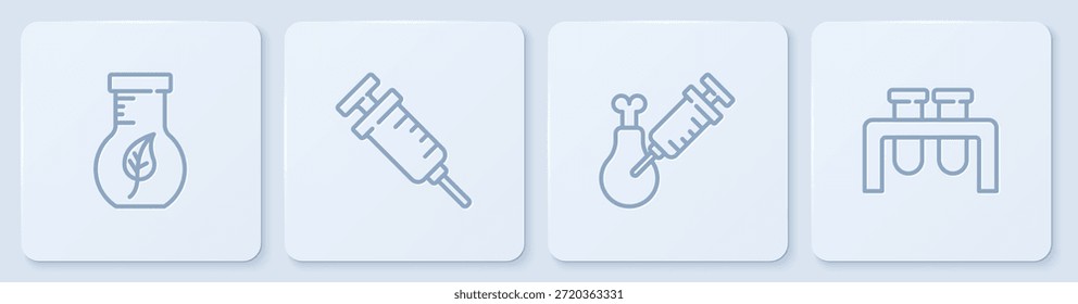 Set line Tubo de ensayo y matraz, Pollo de investigación de OGM, Jeringa y. Botón cuadrado blanco. Vector