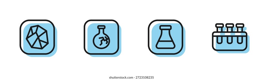 Fije la línea Tubo de ensayo y frasco, piedra de sal, agrietada e icono. Vector