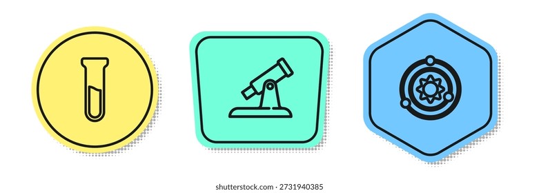 Set line Test tube and flask, Telescope and Solar system. Colored shapes. Vector