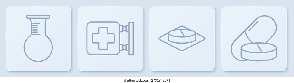 Set-line Teströhrchen und -flasche, Medizinpille oder -tablette, Krankenhausschild und Medizinpille oder -tablette. Weißer quadratischer Knopf. Vektorgrafik