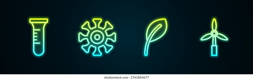 Set line Test tube and flask, Bacteria, Leaf or leaves and Wind turbine. Glowing neon icon. Vector