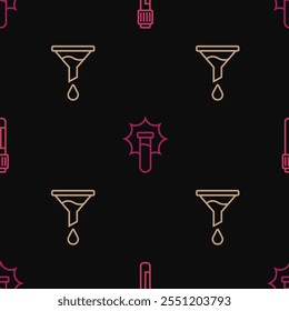 Set line Test tube, Funnel or filter and Explosion in the flask on seamless pattern. Vector