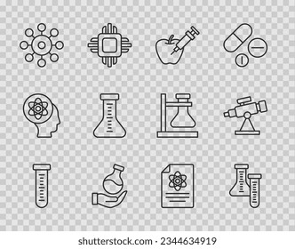 Set-line Testrohr, Genetisch veränderter Apfel, Virus, Chemie Bericht und Teleskop Symbol. Vektorgrafik