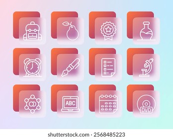 Set line Test tube, Laptop, Clipboard with checklist, School timetable, Fountain pen nib, Medal star, backpack and Pear icon. Vector