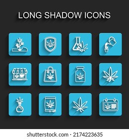 Línea Tubo de prueba con semillas de marihuana, marihuana o cannabis, Plantación, hoja, Calendario y, Bolsa de compra de y Icono de botella médica. Vector