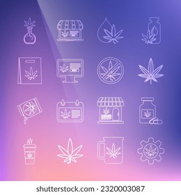 Set line Test tube with marijuana, Medical bottle, Marijuana or cannabis leaf, oil, Online buying, Shopping bag of,  and Stop icon. Vector