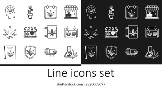 Fijar línea Tubo de prueba con marihuana, Calendario y, Compra en línea, Marihuana o hoja de cannabis, Perfil de cabeza, Té de copa e ícono de olla de planta. Vector