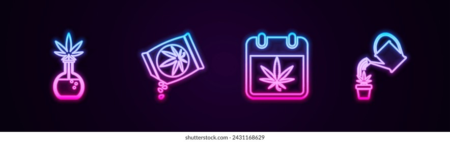 Set line Teströhrchen mit Marihuana, Marihuana oder Cannabis Samen, Kalender und Gießen. Leuchtendes Neon-Symbol. Vektor