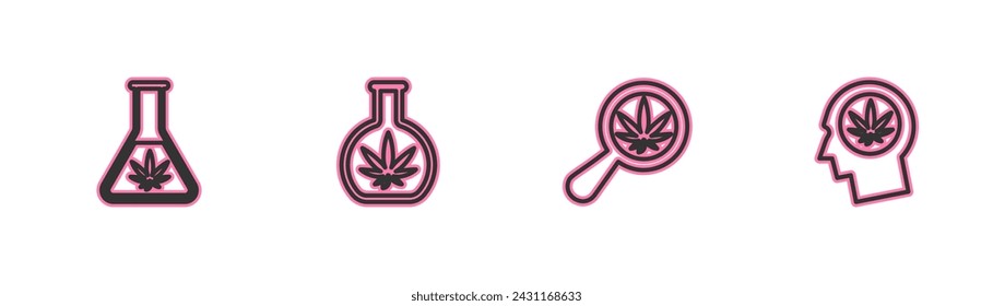 Set line Test tube with marijuana, Magnifying glass and,  and Head profile icon. Vector