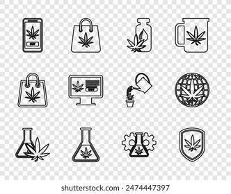 Set line Test tube with marijuana, Shield and, Marijuana or cannabis leaf oil, Online buying,  and Legalize icon. Vector