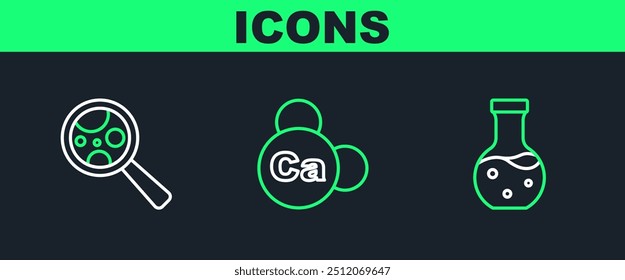 Set line Test tube, Microorganisms under magnifier and Mineral Ca Calcium icon. Vector