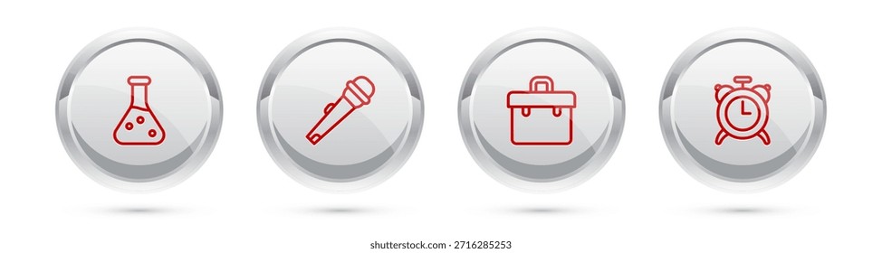 Set line Test tube, Microphone, Briefcase and Alarm clock. Silver circle button. Vector