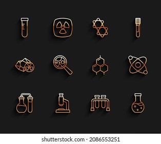 Set line Test tube, Microscope, Microorganisms under magnifier, Atom and Chemical formula icon. Vector