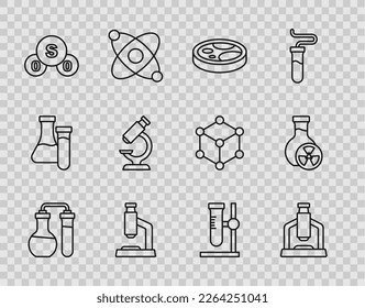 Set line Test tube, Microscope, Petri dish with bacteria, Sulfur dioxide SO2, flask on stand and toxic liquid icon. Vector
