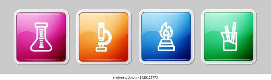 Set line Test tube, Microscope, Alcohol or spirit burner and Laboratory glassware. Colorful square button. Vector