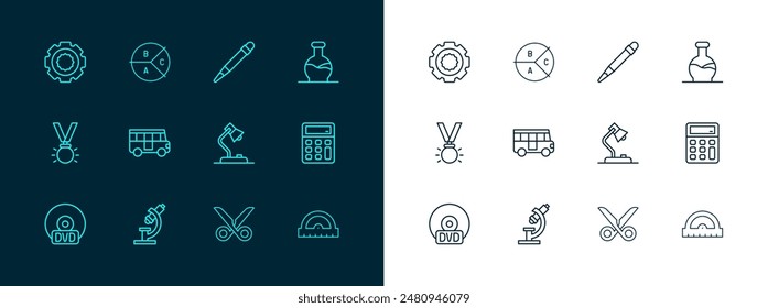 Set line Test tube, Microscope, Table lamp, Scissors, School Bus, Pencil with eraser, Gear and Pie chart infographic icon. Vector