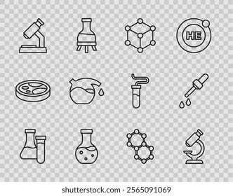 Set line Test tube, Microscope, Molecule,  and Pipette icon. Vector