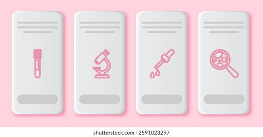 Set line Test tube, Microscope, Pipette and Microorganisms under magnifier. White rectangle button. Vector