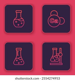 Set line Test tube, Mineral Ca Calcium and flask on stand. Blue square button. Vector