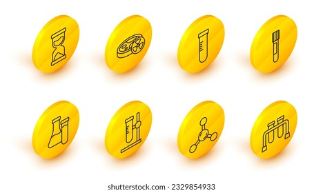 Set line Test tube, Molecule, flask on stand, with toxic liquid and Old hourglass icon. Vector